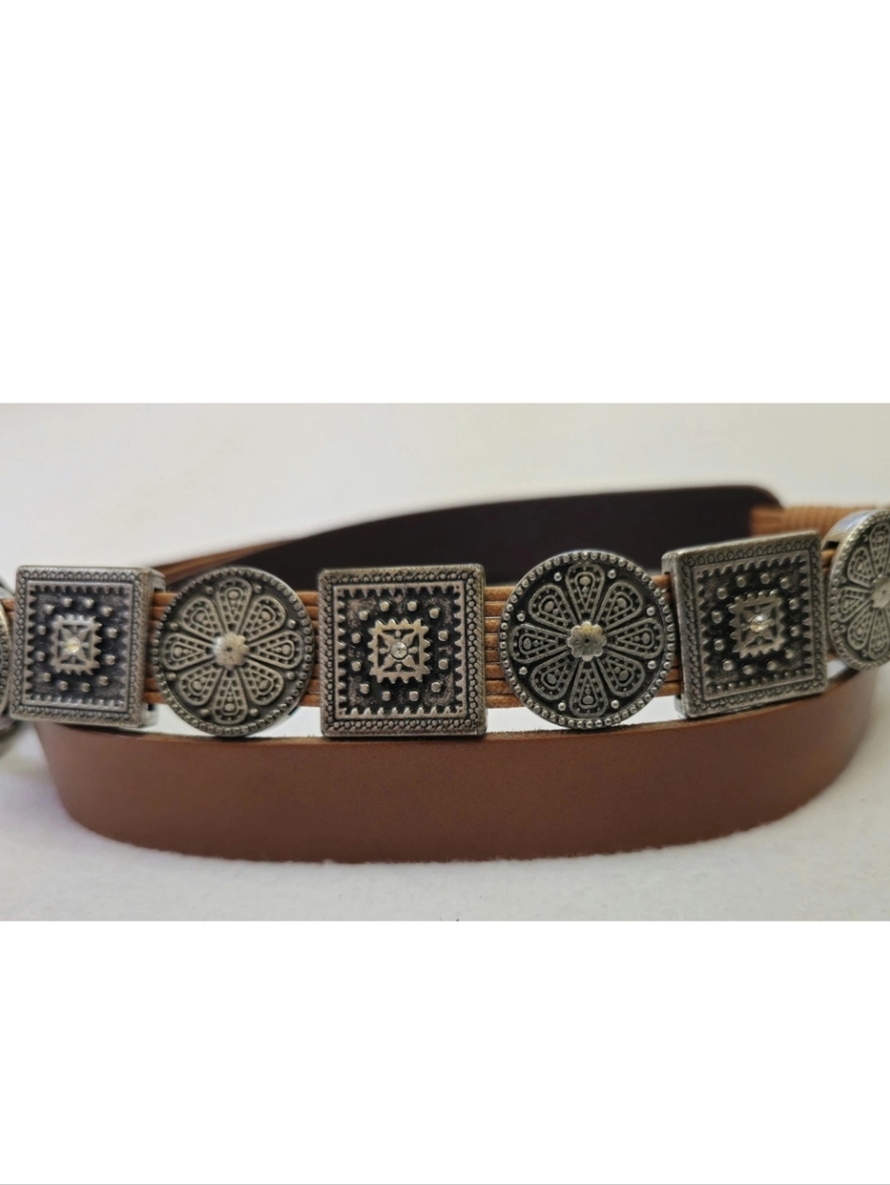 Antoniazzi Firenze Brown Leather w/ Silver Medallions Loop Belt Italy Size XL